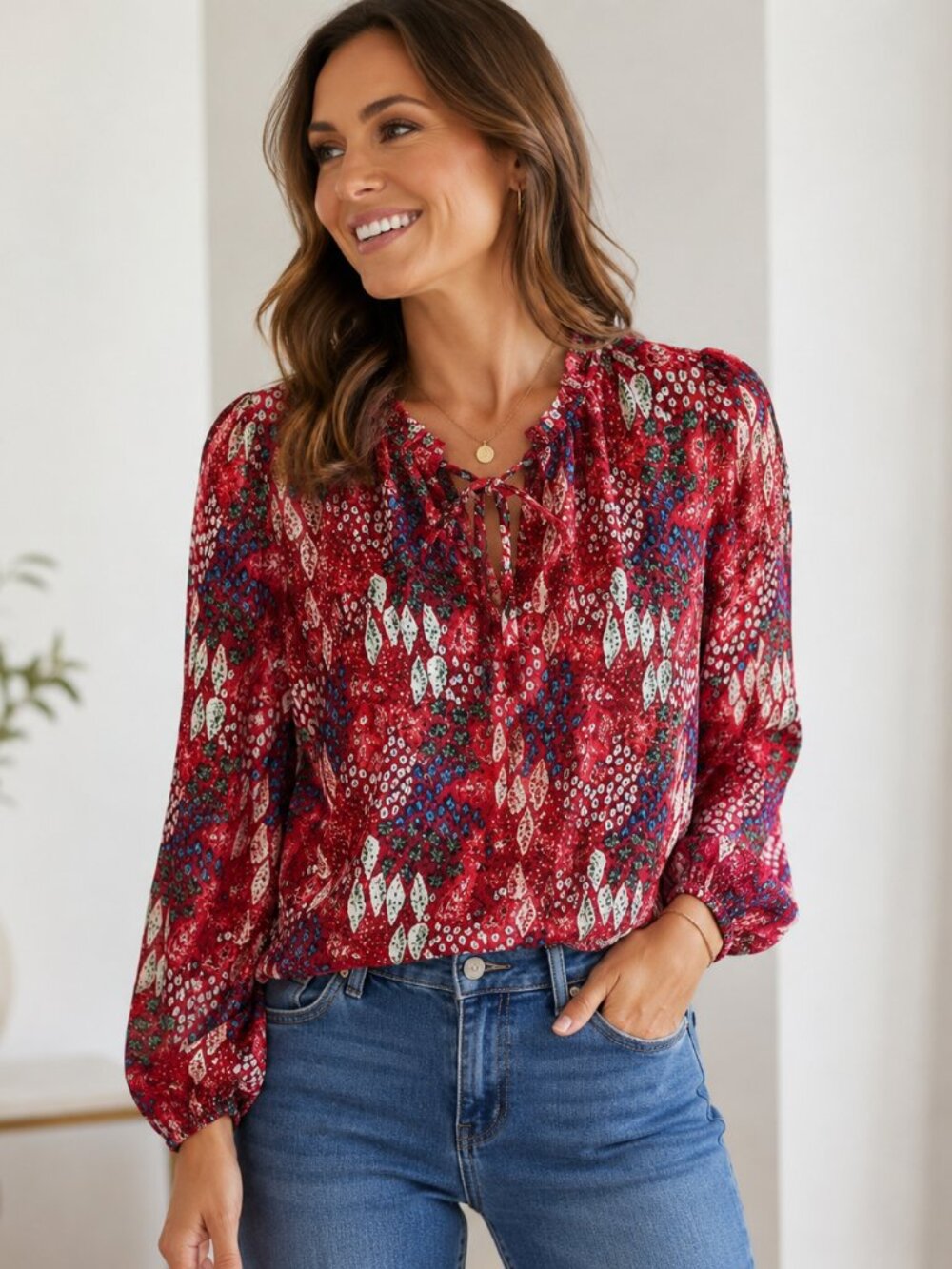 LOFT Women's Medium Red Boho Print Tie Neck Long Sleeve Peasant Blouse